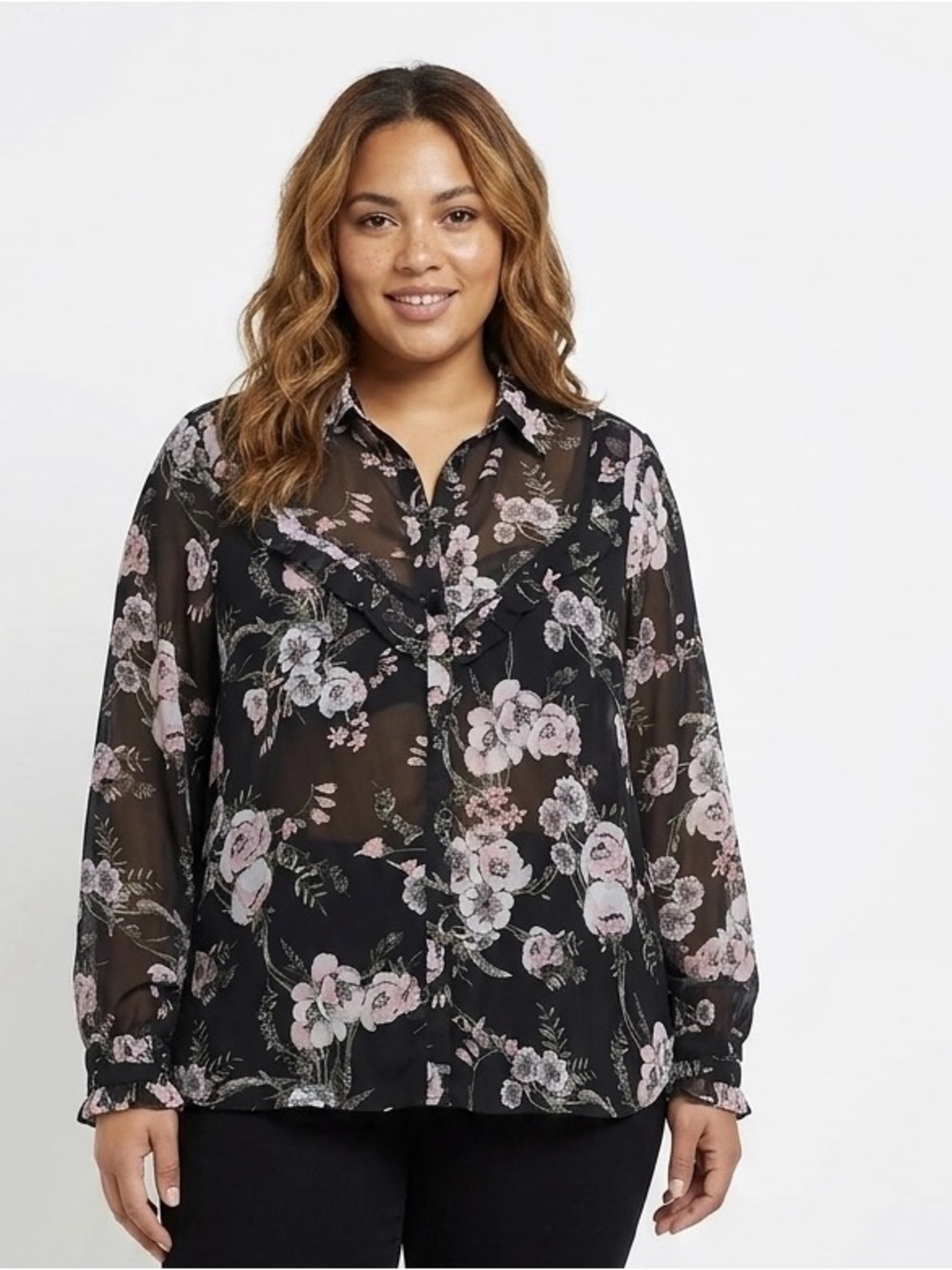 River Island Long Sleeve Sheer Ruffled Cuff Button Down Plus Size 18